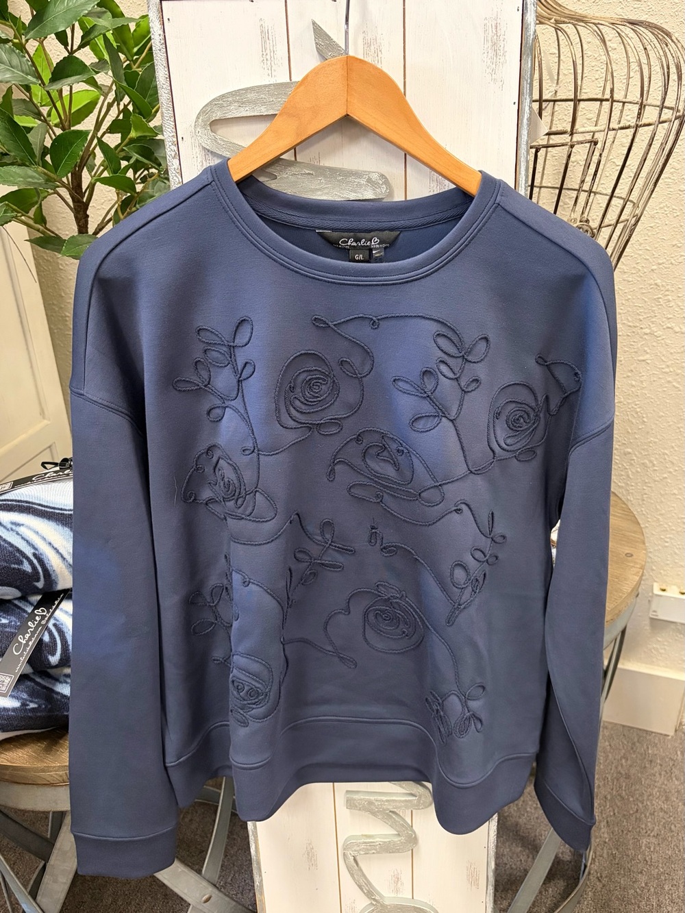 CHARLIE B Navy Blue Embroidered Floral Sweatshirt